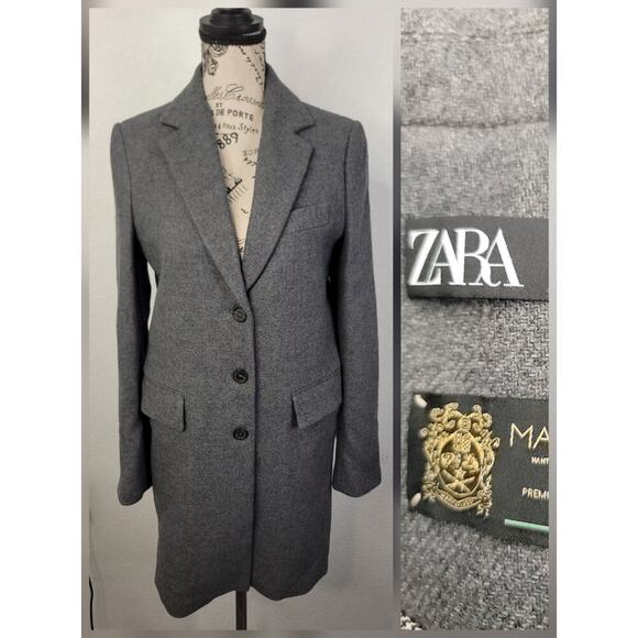 Zara Manteco Peacoat Sz XS Italian Wool Dark Gray Three Button Long Coat Jacket - Picture 1 of 14
